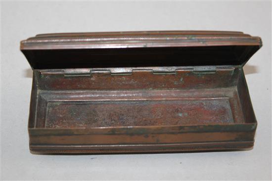 An 18th century Dutch rectangular copper tobacco box, 5in.